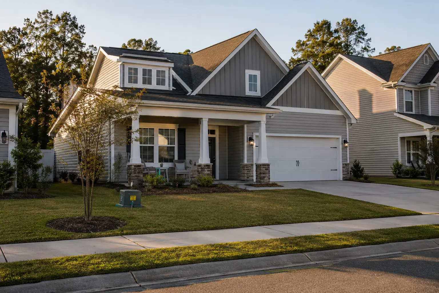 Craftsman-style Coastal Georgia home at golden hour, the kind of Savannah-area property owners weigh selling or renting