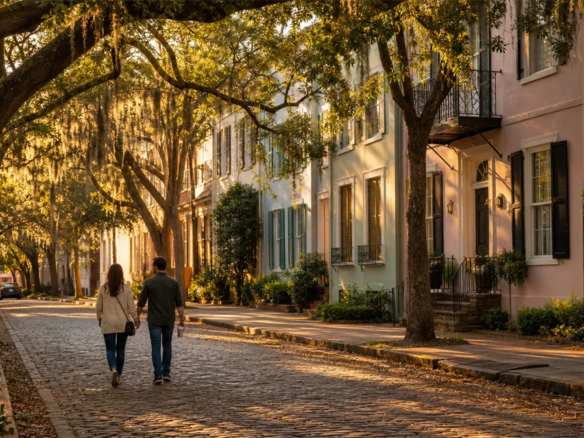 Couple walking a cobblestone street in Savannah's Historic District beneath live oaks draped in Spanish moss, lined with pastel historic rowhouses