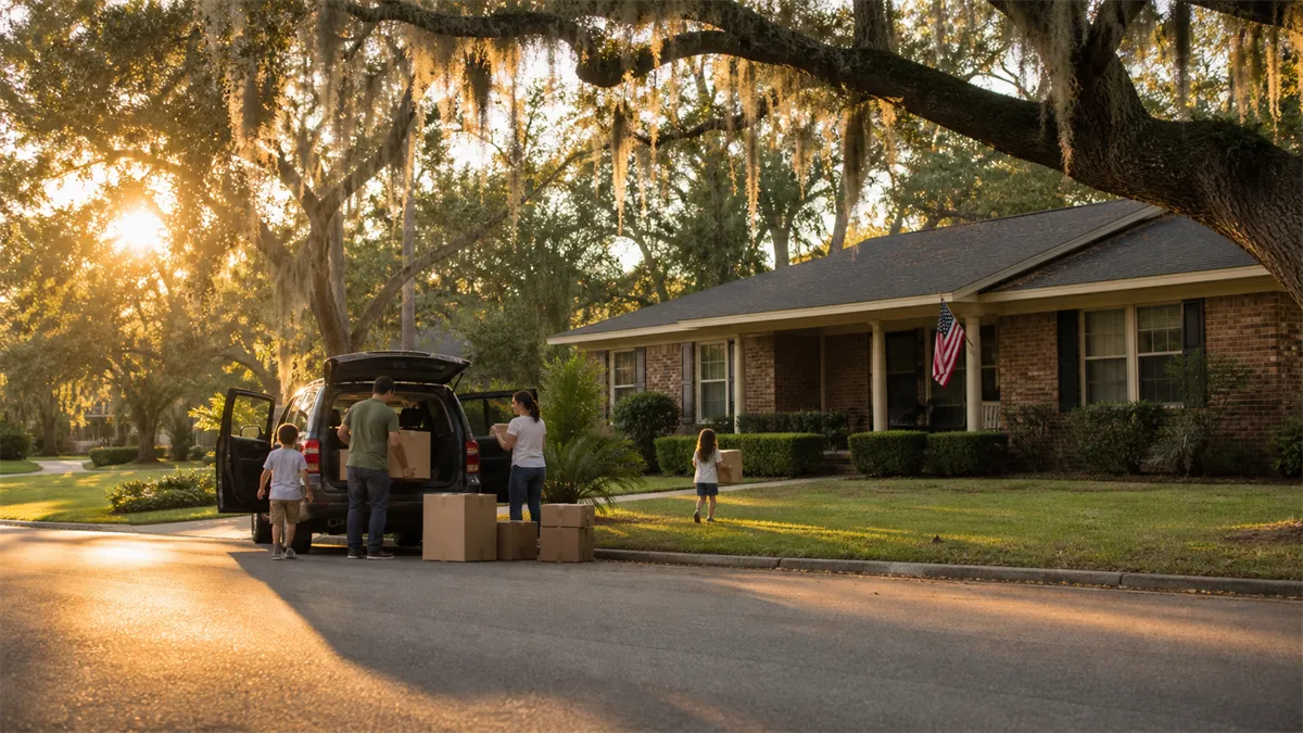 Family arriving at a home near Fort Stewart, Georgia after a PCS move