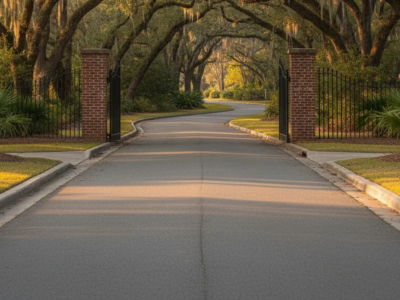 Entrance gate and live oak lined drive of a private community near Savannah, Georgia