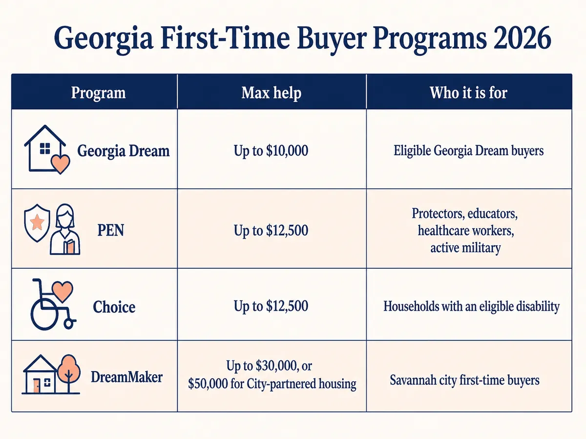 Table of the federal loan types available to Georgia first-time home buyers in 2026