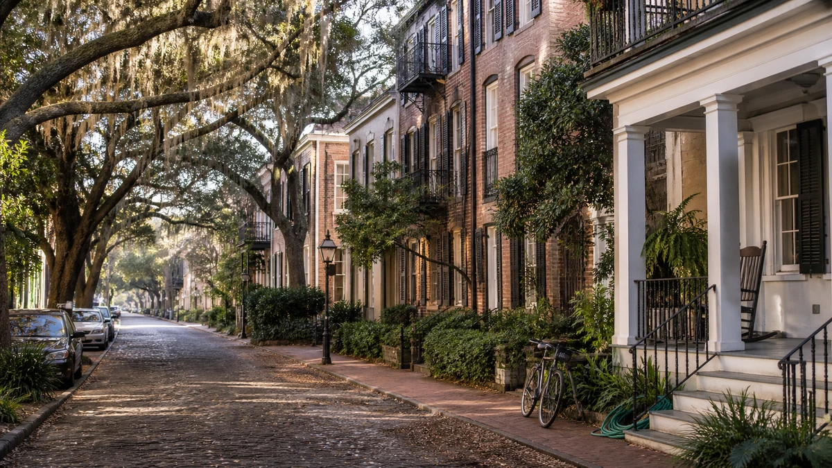 Oak lined street with Spanish moss in the Savannah Georgia historic district