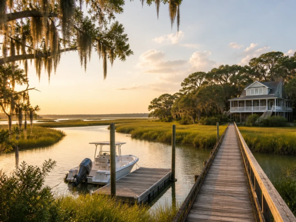 Marsh and tidal creek view on Wilmington Island, Georgia, with residential docks and live oaks