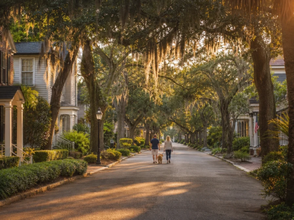 Tree lined suburban street near Savannah, Georgia at golden hour