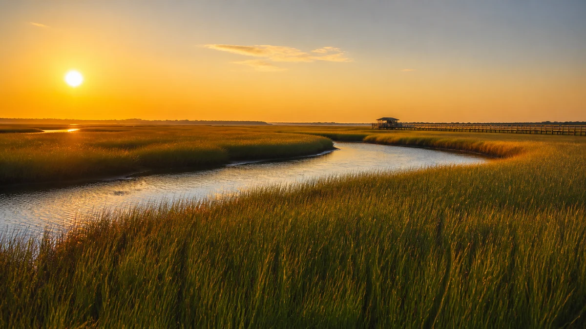 Coastal marsh outside Savannah Georgia at golden hour