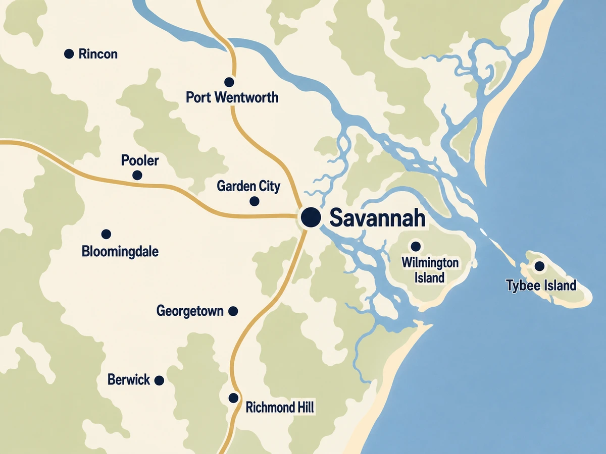 Stylized map showing Savannah and ten surrounding suburbs