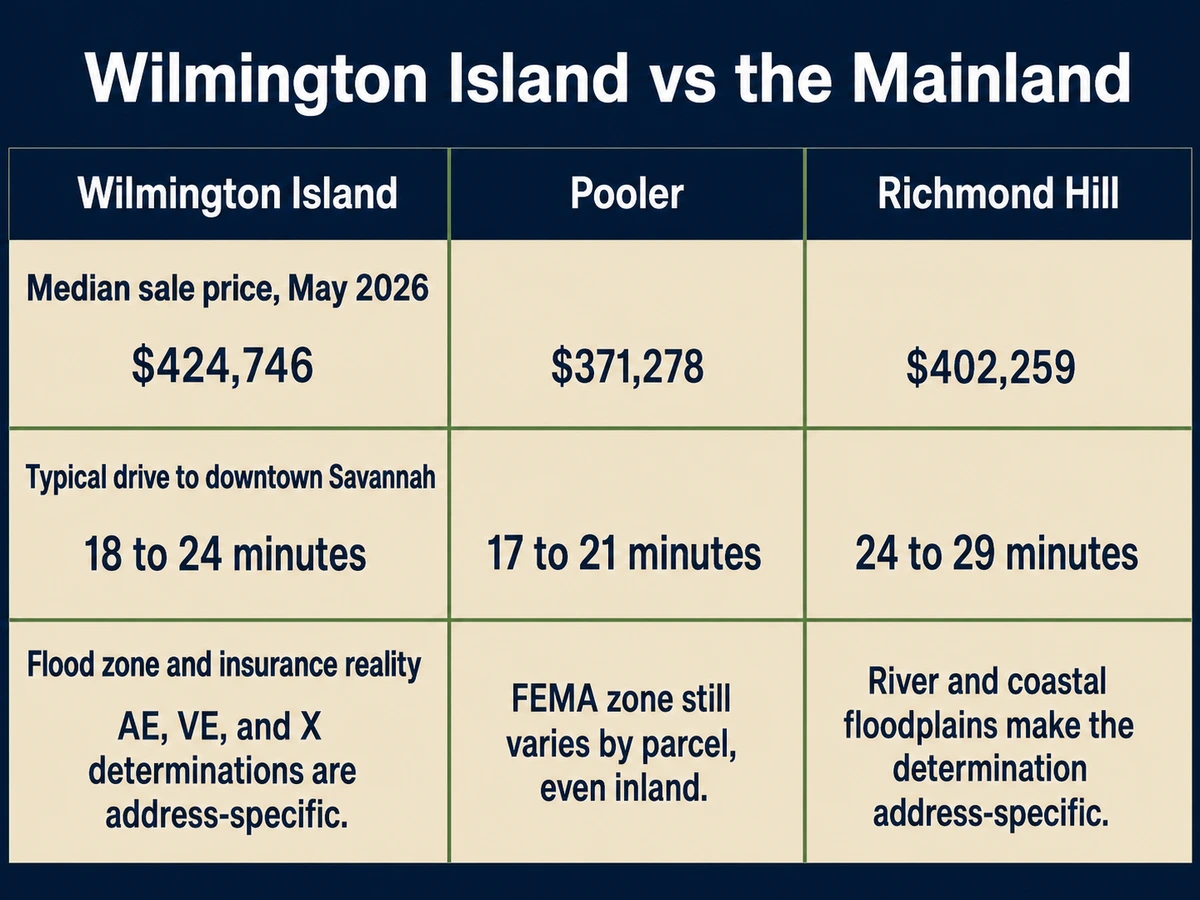 Chart comparing Wilmington Island with Pooler, Richmond Hill, Savannah and Tybee Island on median price, commute and flood exposure