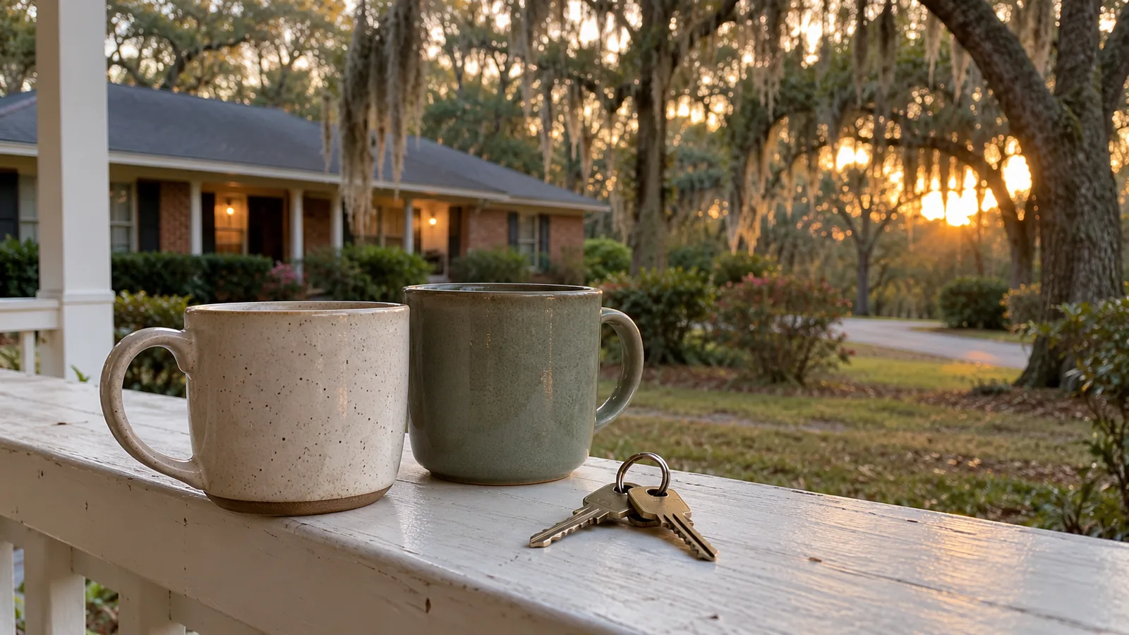Two coffee mugs and a set of house keys on a porch railing outside a brick home