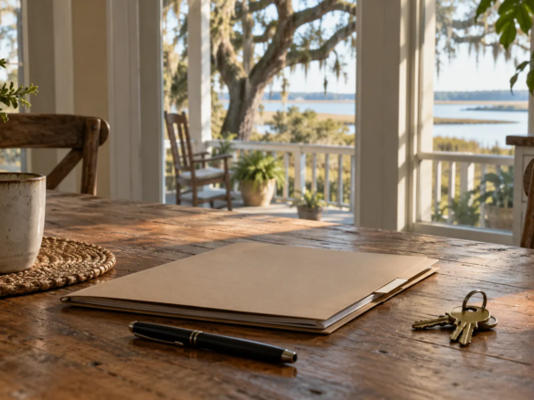 Folder of home purchase documents and a pen on a kitchen table beside house keys