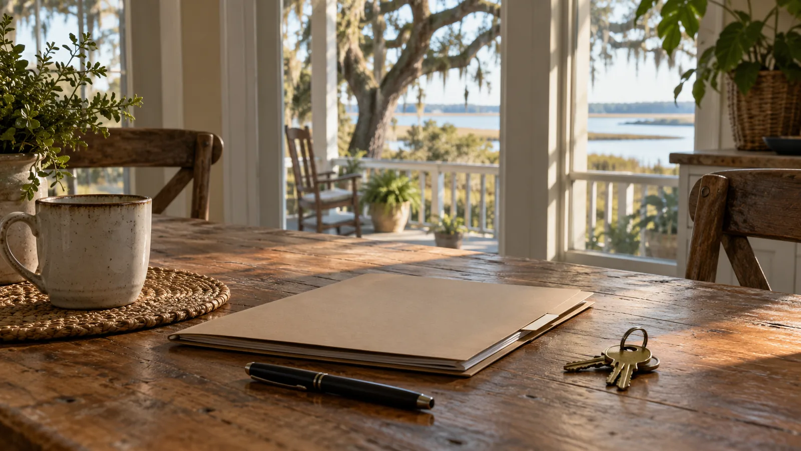 Folder of home purchase documents and a pen on a kitchen table beside house keys