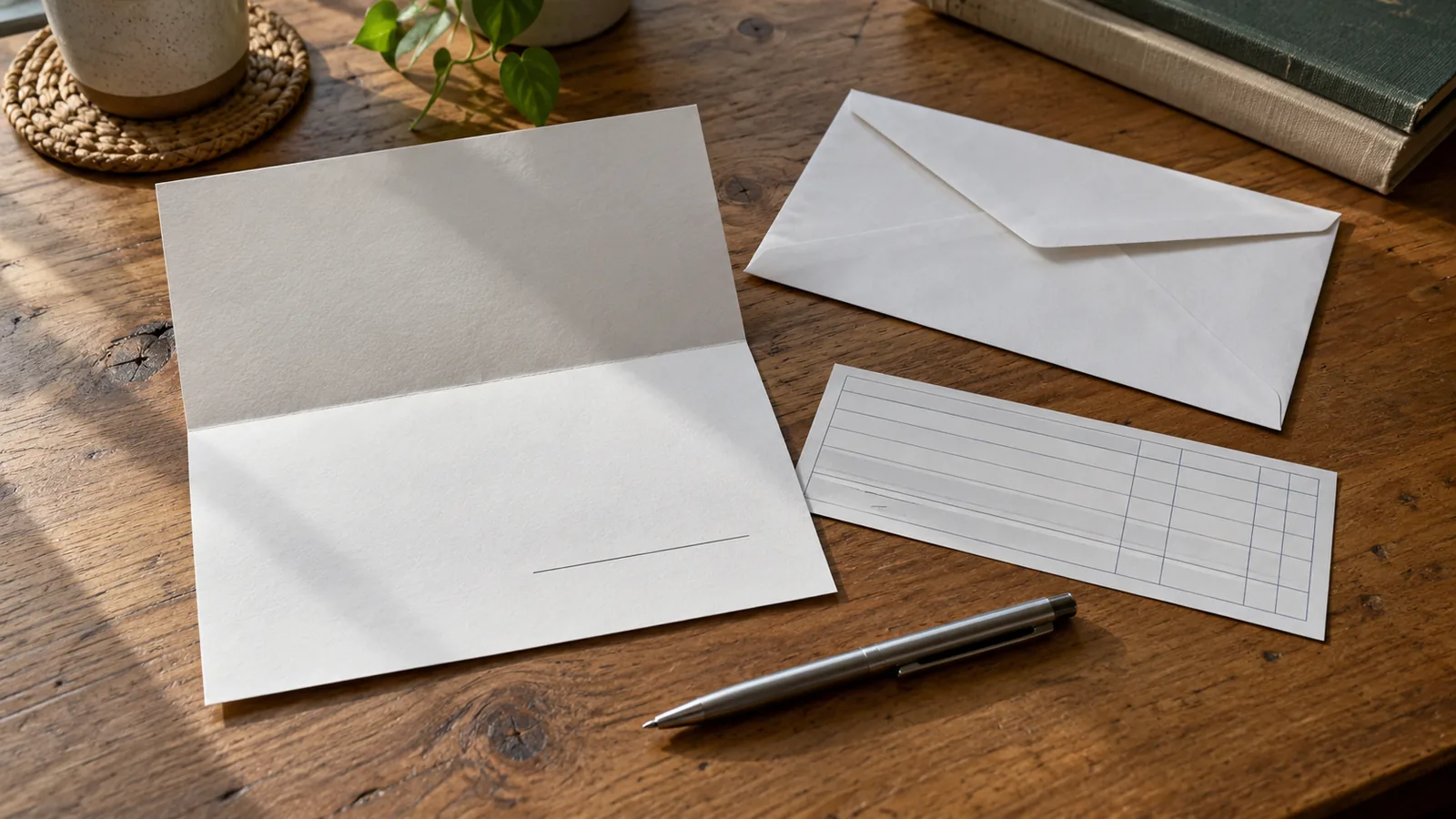 Signed letter and an envelope on a desk beside a bank deposit slip and a pen
