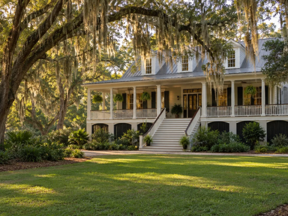 `Raised Lowcountry-style home with a deep front porch under live oaks with Spanish moss