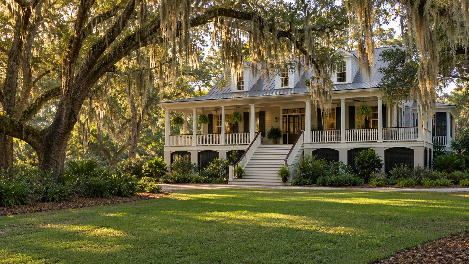`Raised Lowcountry-style home with a deep front porch under live oaks with Spanish moss