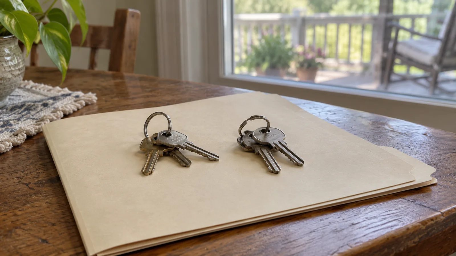 Two sets of house keys on a closing folder on a wooden table