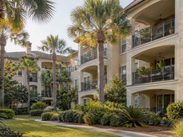 Low-rise condominium building with a landscaped courtyard in coastal Georgia.