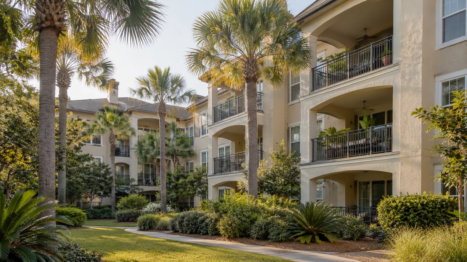 Low-rise condominium building with a landscaped courtyard in coastal Georgia.