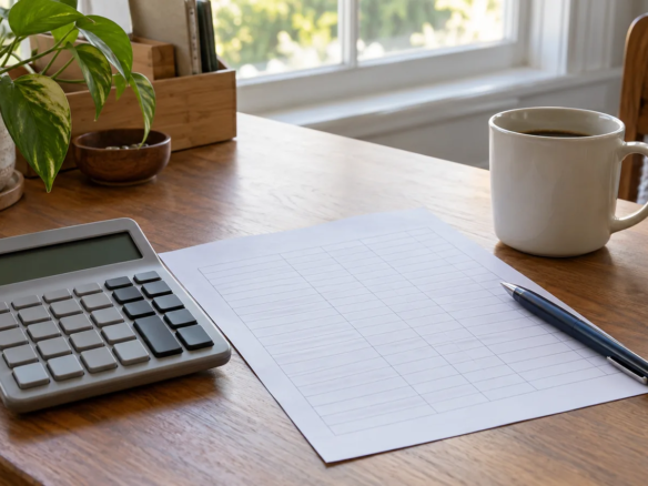 Calculator, monthly budget worksheet and pen on a desk beside a window