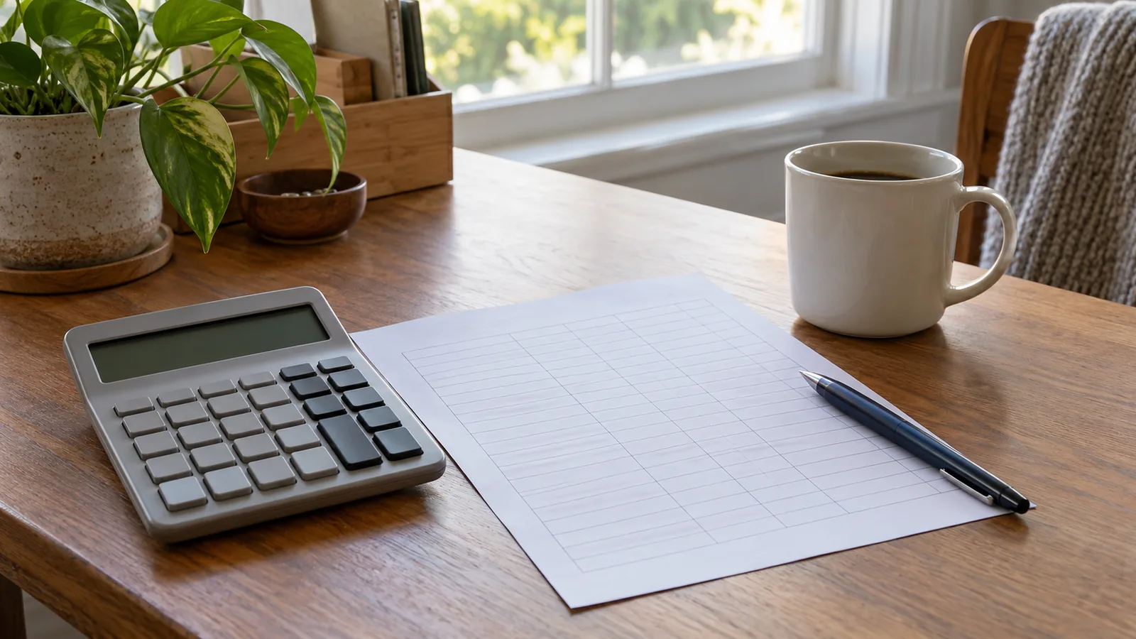 Calculator, monthly budget worksheet and pen on a desk beside a window
