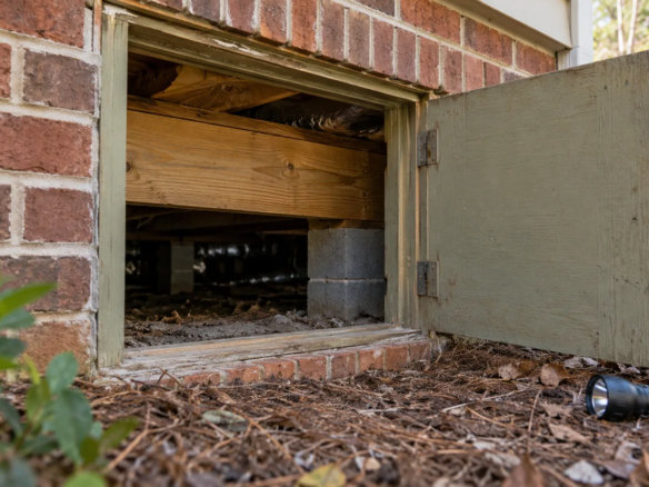Crawl space access door and wooden sill plate under a raised Southern home