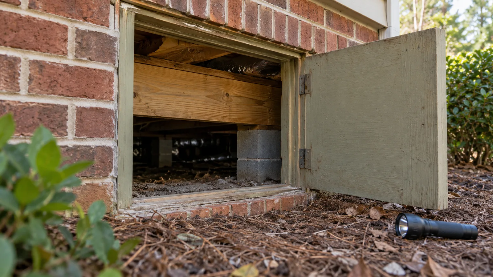Crawl space access door and wooden sill plate under a raised Southern home
