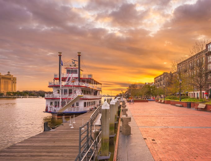 A riverboat on the Savannah River in the Historic District of Savannah, GA