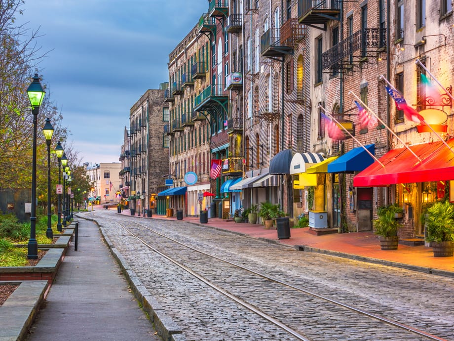 River Street along the Savannah River in the Historic District of Savannah, GA